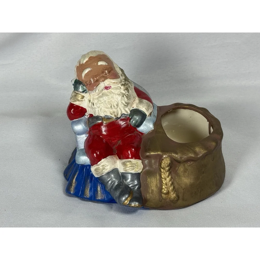 VINTAGE HANDPAINTED CERAMIC MOLD SLEEPING NAPPING SANTA PLANTER 6.5x4.5”